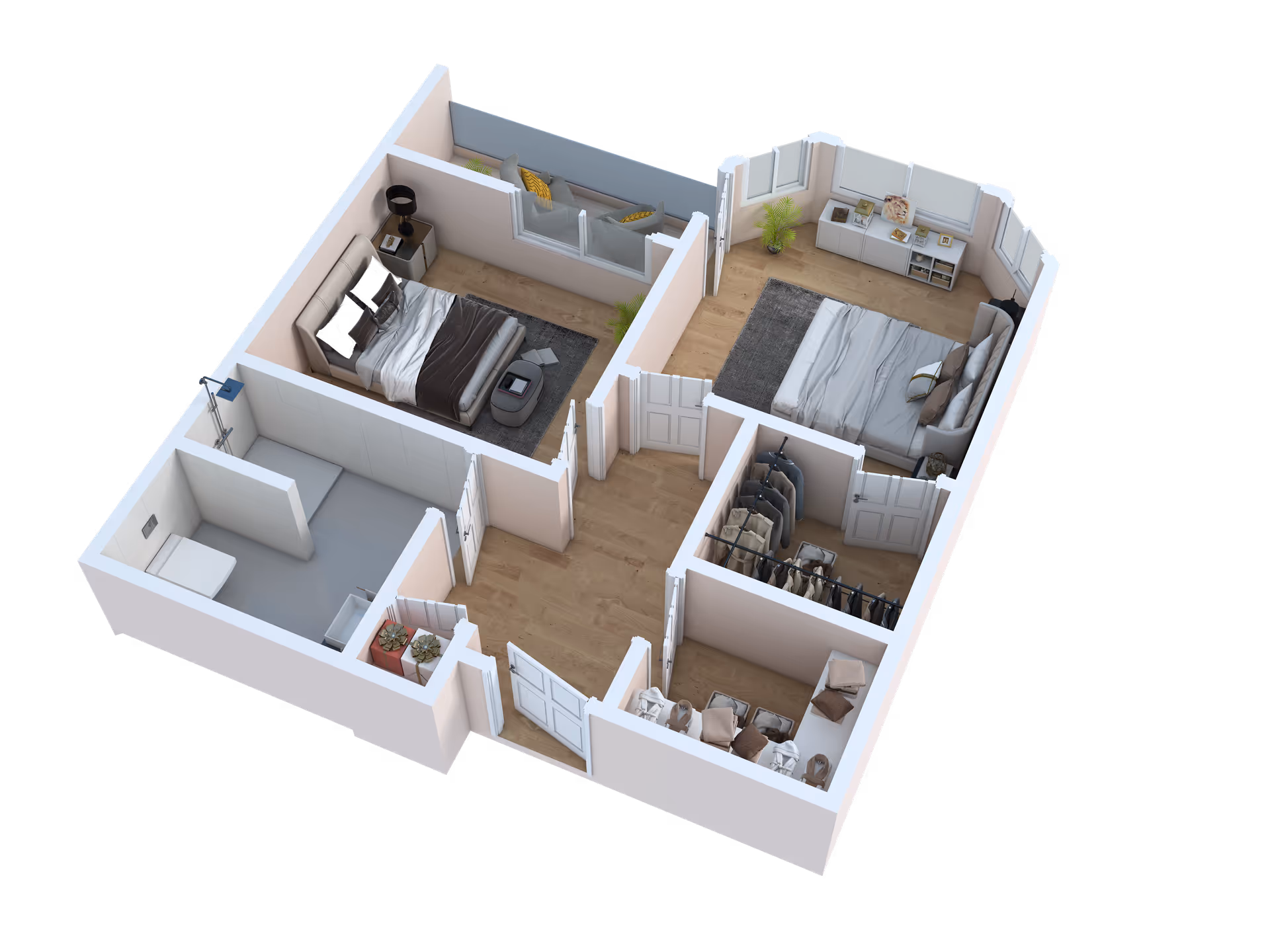 3D rendered floor plan of a two-bedroom apartment showing bedrooms, a bathroom, closets, and an entry hallway.