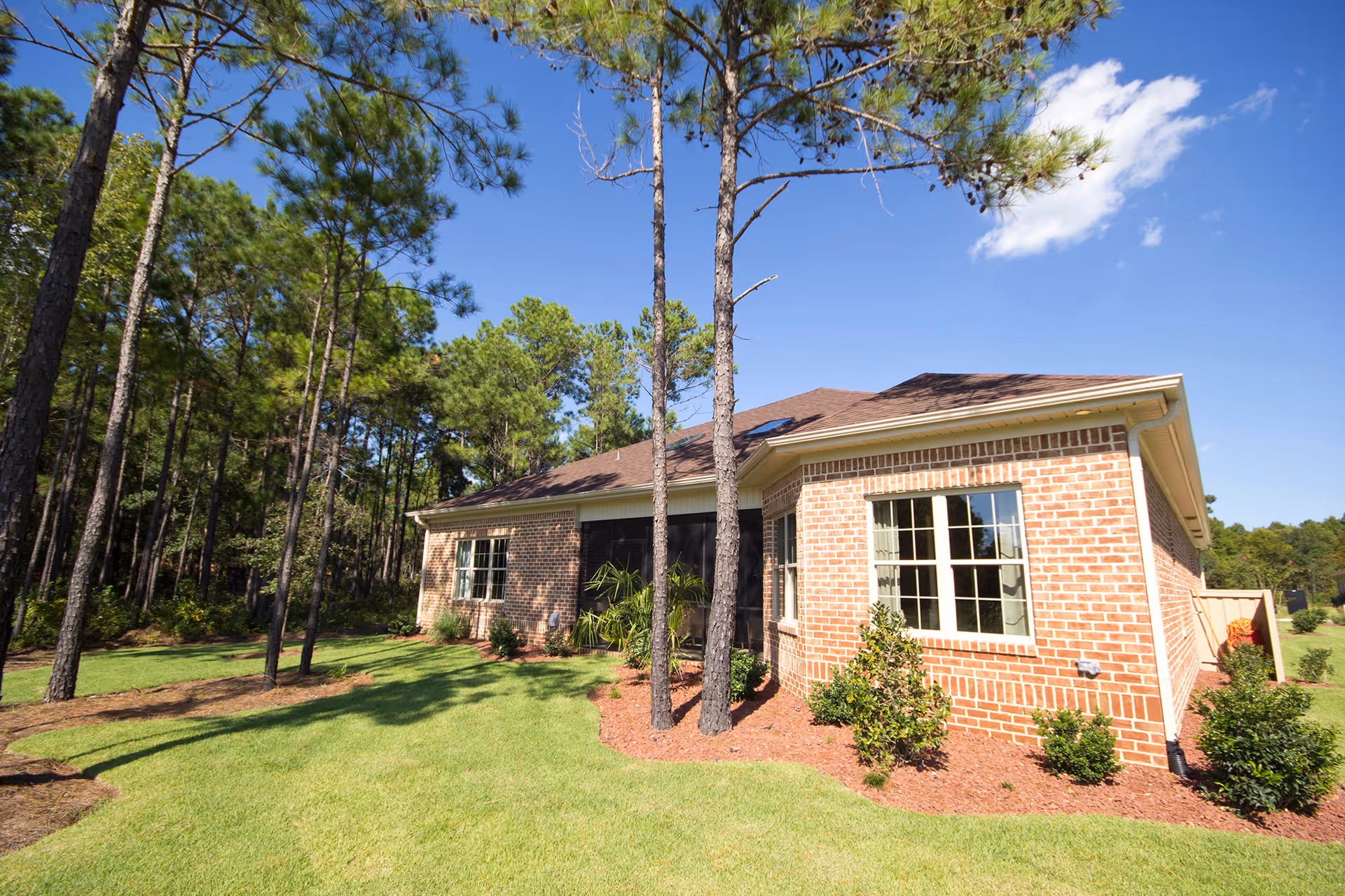Exterior view of a single-story brick building with multiple windows, surrounded by green grass, small bushes, and tall pine trees under a clear blue sky.