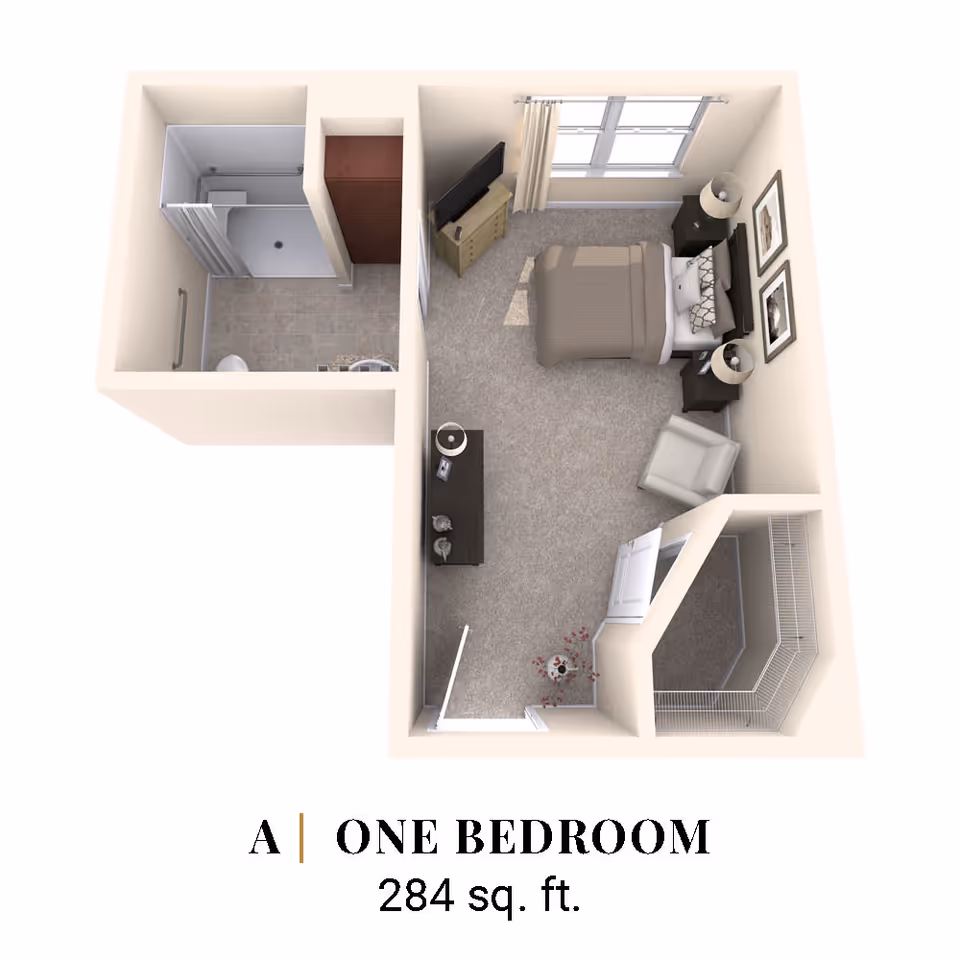 3D floor plan of a one-bedroom apartment featuring a bedroom with a bed, two nightstands with lamps, a TV on a dresser, an armchair, a closet, and an adjacent bathroom with a shower, toilet, and sink.