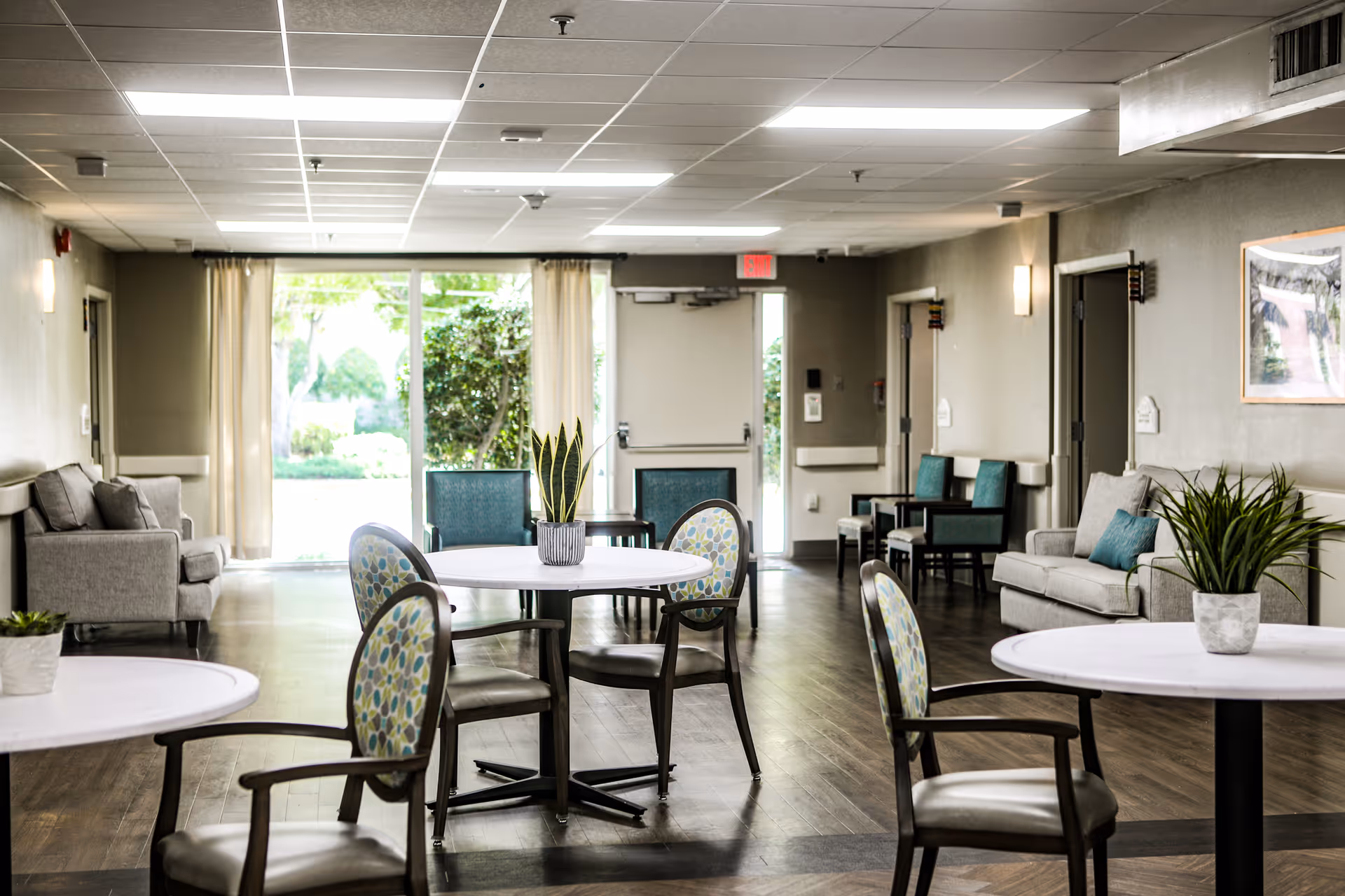 Bright communal lounge/dining area with round tables and patterned chairs, sofas, and potted plants facing large windows and a glass door to the outside.