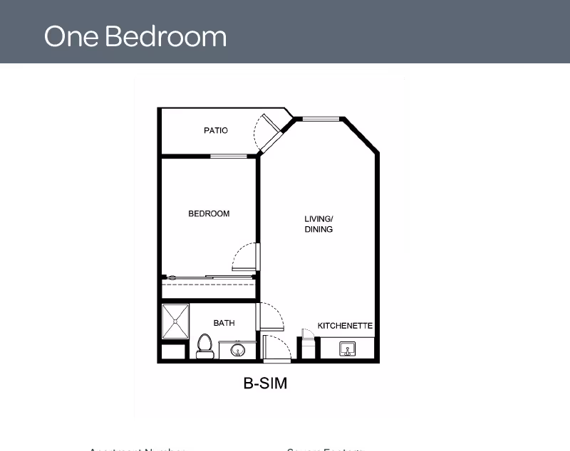 Black-and-white floor plan labeled "One Bedroom" showing a one-bedroom layout with a patio, bedroom, bath, kitchenette, and combined living/dining area.