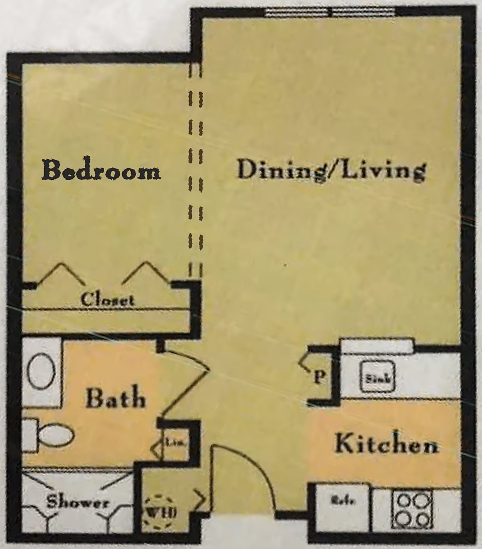 Floor plan layout of a senior living unit at Ville Ste Marie Senior Living showing a bedroom with closet, a bathroom with shower, a combined dining and living area, and a kitchen.
