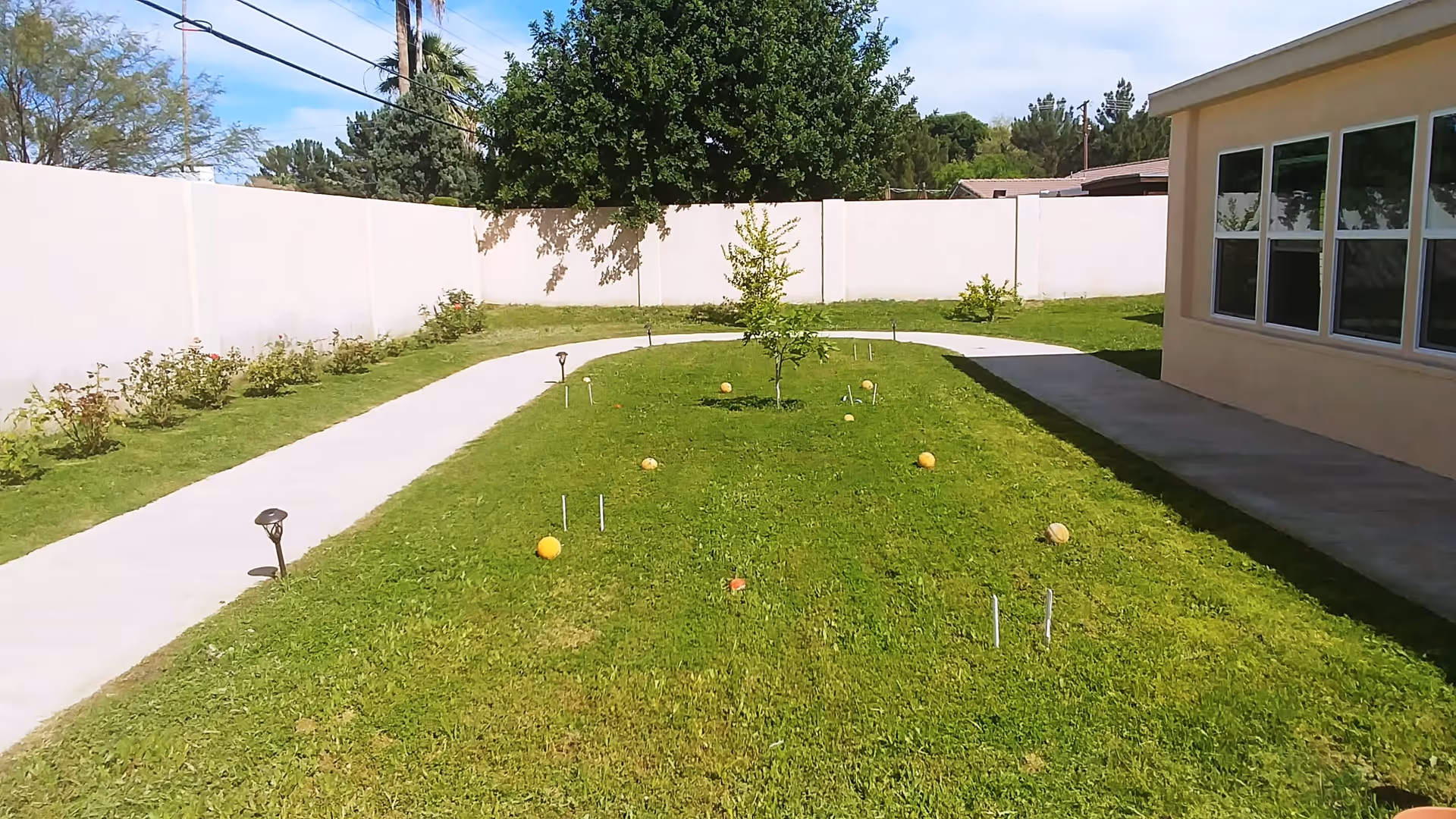 Outdoor grassy area with a small tree in the center, surrounded by a concrete pathway. There are several balls and stakes on the grass, indicating a croquet game setup. A beige building with multiple windows is visible on the right side, and a white fence encloses the area with trees and shrubs along the fence line.