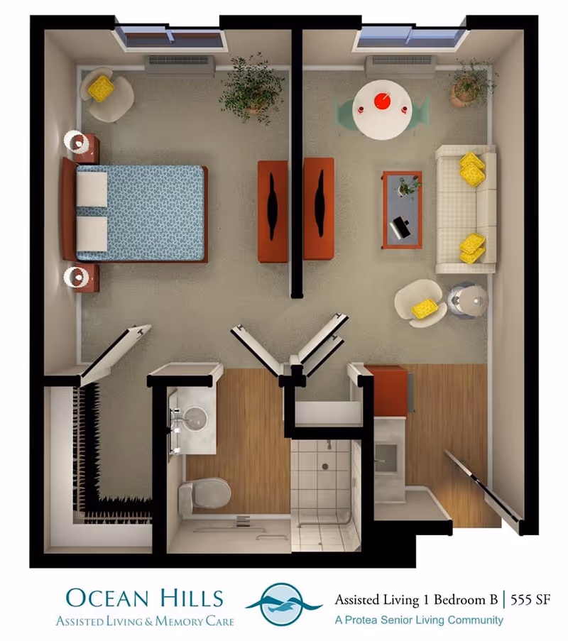 Top-down floor plan of a one-bedroom assisted living apartment at Ocean Hills Senior Living. The layout includes a bedroom with a bed, nightstands, and a chair; a living room with a sofa, armchair, coffee table, and dining table with chairs; a kitchen area; and a bathroom with a toilet, sink, and shower. There are also closets and plants in the rooms.