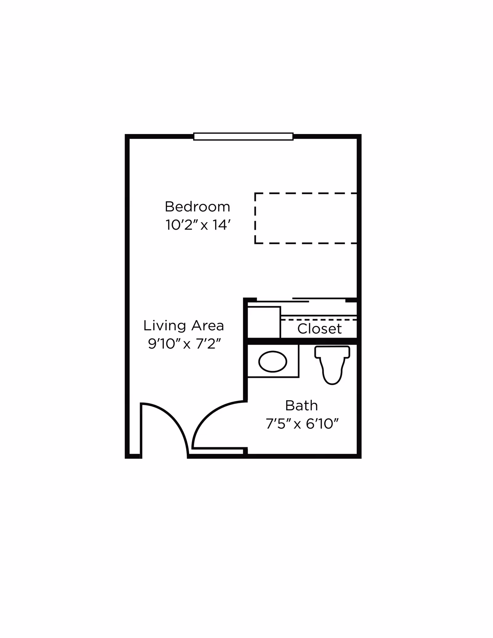 Floor plan of a small living space showing a bedroom measuring 10 feet 2 inches by 14 feet, a living area measuring 9 feet 10 inches by 7 feet 2 inches, a closet, and a bathroom measuring 7 feet 5 inches by 6 feet 10 inches.