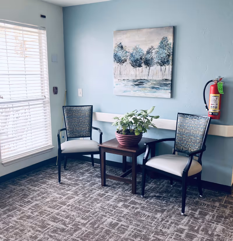 Small seating area with two chairs flanking a wooden side table holding a potted plant beneath a landscape painting on a light blue wall.