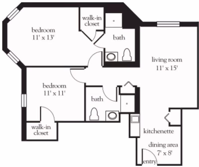 Floor plan of a living space at Atria Glen Cove showing two bedrooms with walk-in closets, two bathrooms, a living room, a kitchenette, and a dining area with dimensions labeled.