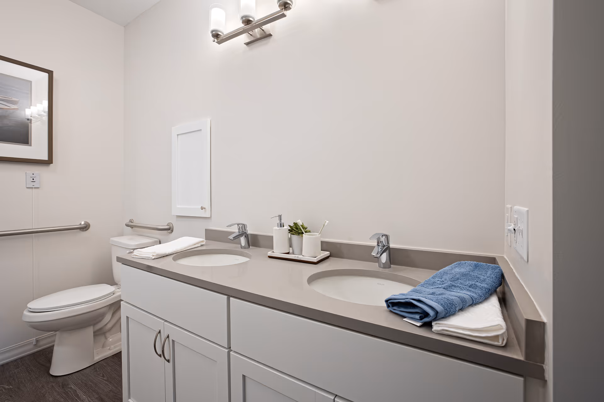 Modern accessible bathroom with a double-sink vanity, countertop accessories, toilet and folded towels.