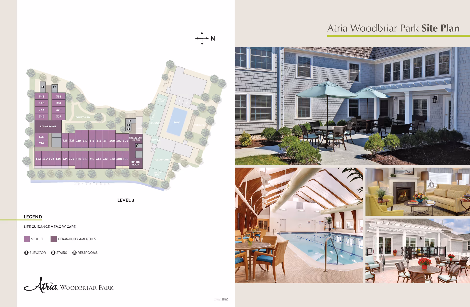 Atria Woodbriar Park site plan on the left showing layout of level 3 with studio rooms and community amenities including living room, dining room, pool, and courtyard. On the right, four images show outdoor patio seating with umbrellas, an indoor swimming pool with tables and chairs, a cozy living room with a fireplace and sofas, and an outdoor patio area with tables and chairs under a pergola.