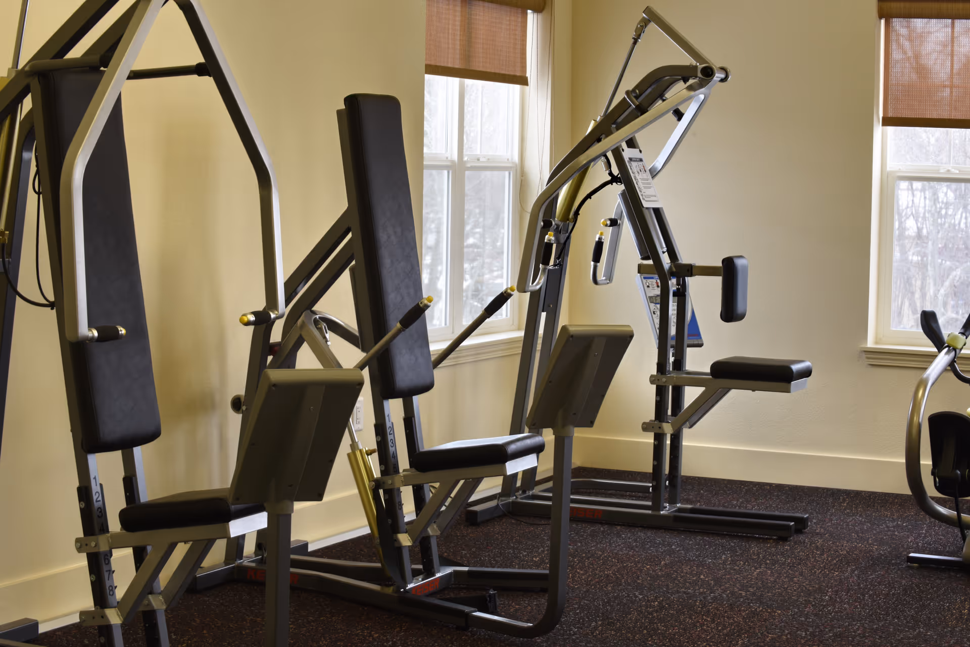 Interior view of a fitness room with exercise machines including weight training equipment positioned near windows with beige walls and brown carpeted floor.
