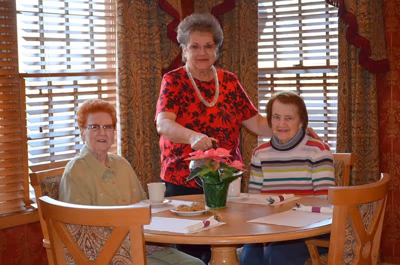 Three elderly women sitting around a round dining table with cups, plates, and a potted plant in front of windows with wooden blinds.