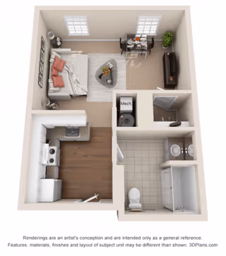 3D floor plan of a small apartment unit featuring a bedroom with a bed, nightstands, and a small table with chairs, a living area with a TV and plant, a kitchen with appliances and cabinets, and a bathroom with a toilet, sink, and shower. There is also a mechanical closet labeled 'Mech'.
