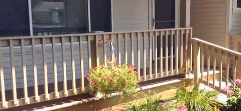 Wooden exterior porch railing with a hanging flower basket and plants in front of windows and a door.