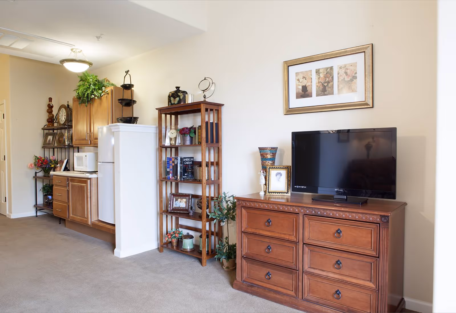 Bright studio-style living area with a kitchenette on the left, wooden shelving and a dresser topped by a flat-screen TV.