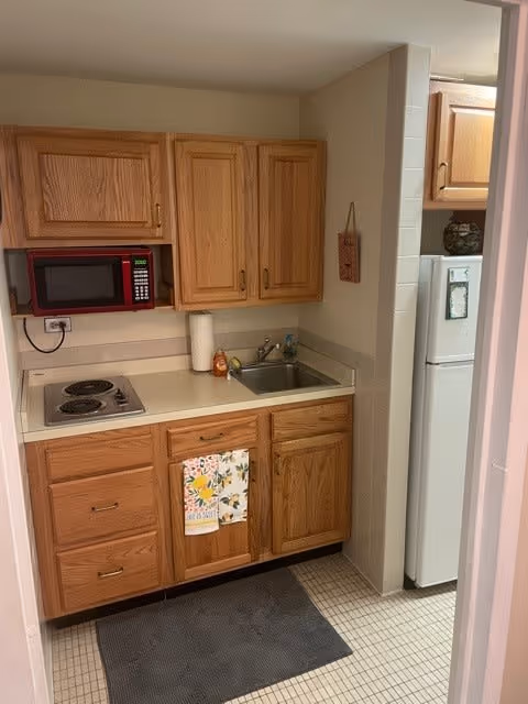 Small kitchen area with wooden cabinets, a red microwave mounted above the counter, a two-burner electric stove, a stainless steel sink, and a white refrigerator. A floral dish towel hangs on the cabinet door below the sink, and a gray floor mat is placed on the tiled floor in front of the counter.
