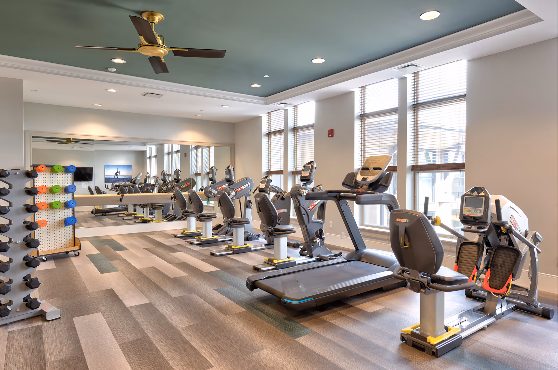 A bright fitness room with large windows letting in natural light. The room contains several exercise machines including treadmills, stationary bikes, and rowing machines. There is a rack with colorful dumbbells and a large mirror on one wall reflecting the equipment. The ceiling has a modern fan and recessed lighting.