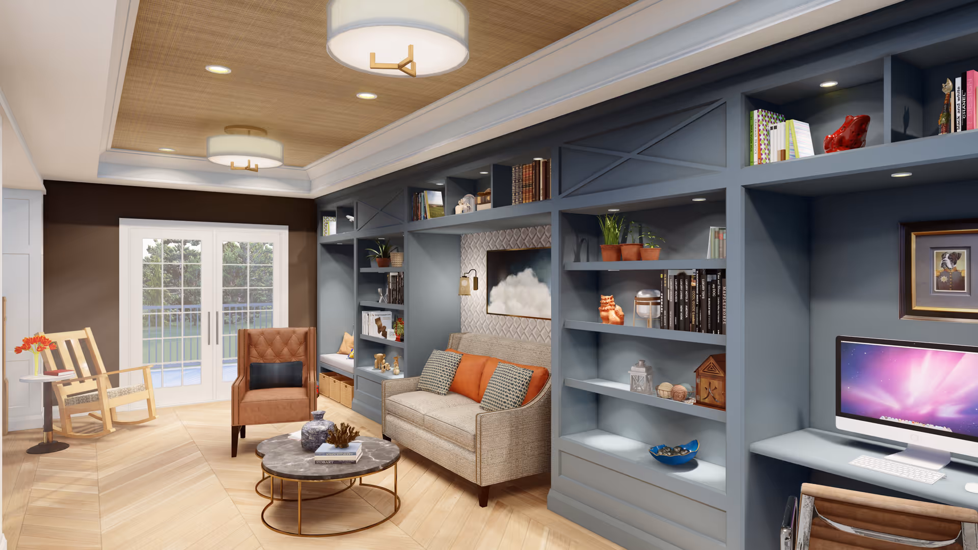 Cozy senior living room interior with built-in blue shelving, a sofa and armchair around a round coffee table, a desk with a computer, and French doors to a patio.