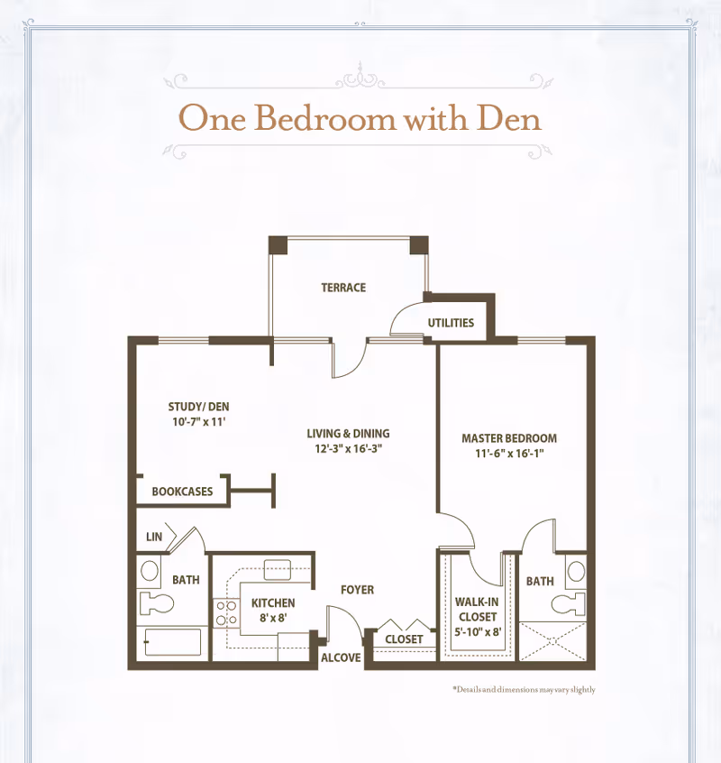 Floor plan titled 'One Bedroom with Den' showing layout including a study/den, living and dining area, terrace, utilities, master bedroom with walk-in closet and bath, kitchen, foyer with closet, and a second bath.