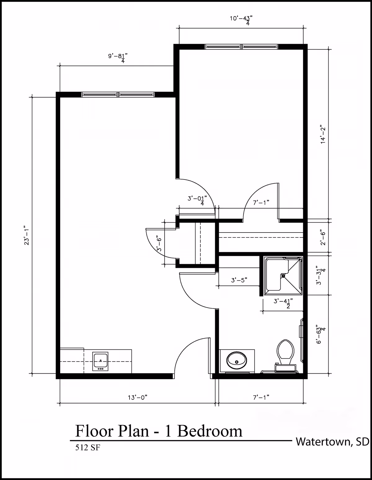Architectural floor plan of a one-bedroom apartment with dimensions. The layout includes a bedroom, bathroom with a shower, toilet, and sink, a kitchen area, and a living space. The total area is 512 square feet. The plan is labeled for StoneyBrook Suites Assisted Living in Watertown, SD.