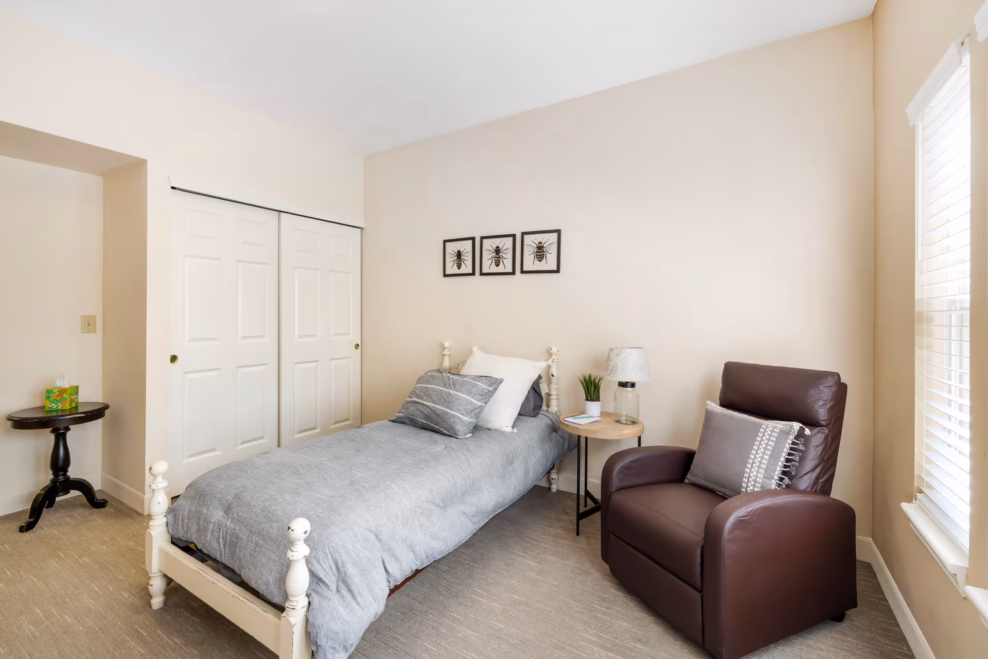 A simple bedroom with a single bed covered in gray bedding and multiple pillows. Next to the bed is a small round wooden side table with a lamp, a small plant, and a notebook. A dark brown armchair with a decorative pillow is positioned near a window with white blinds. On the wall above the bed are three framed pictures of bees. There is a closet with white sliding doors and a small round black table with a box of tissues in the corner.
