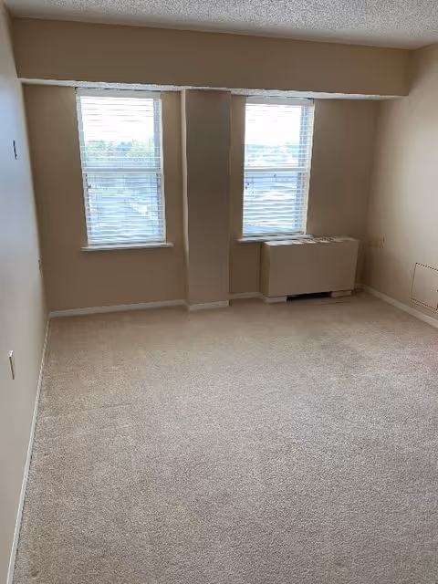 Empty room with beige carpet and walls, featuring two windows with white blinds and a heating unit beneath one window.