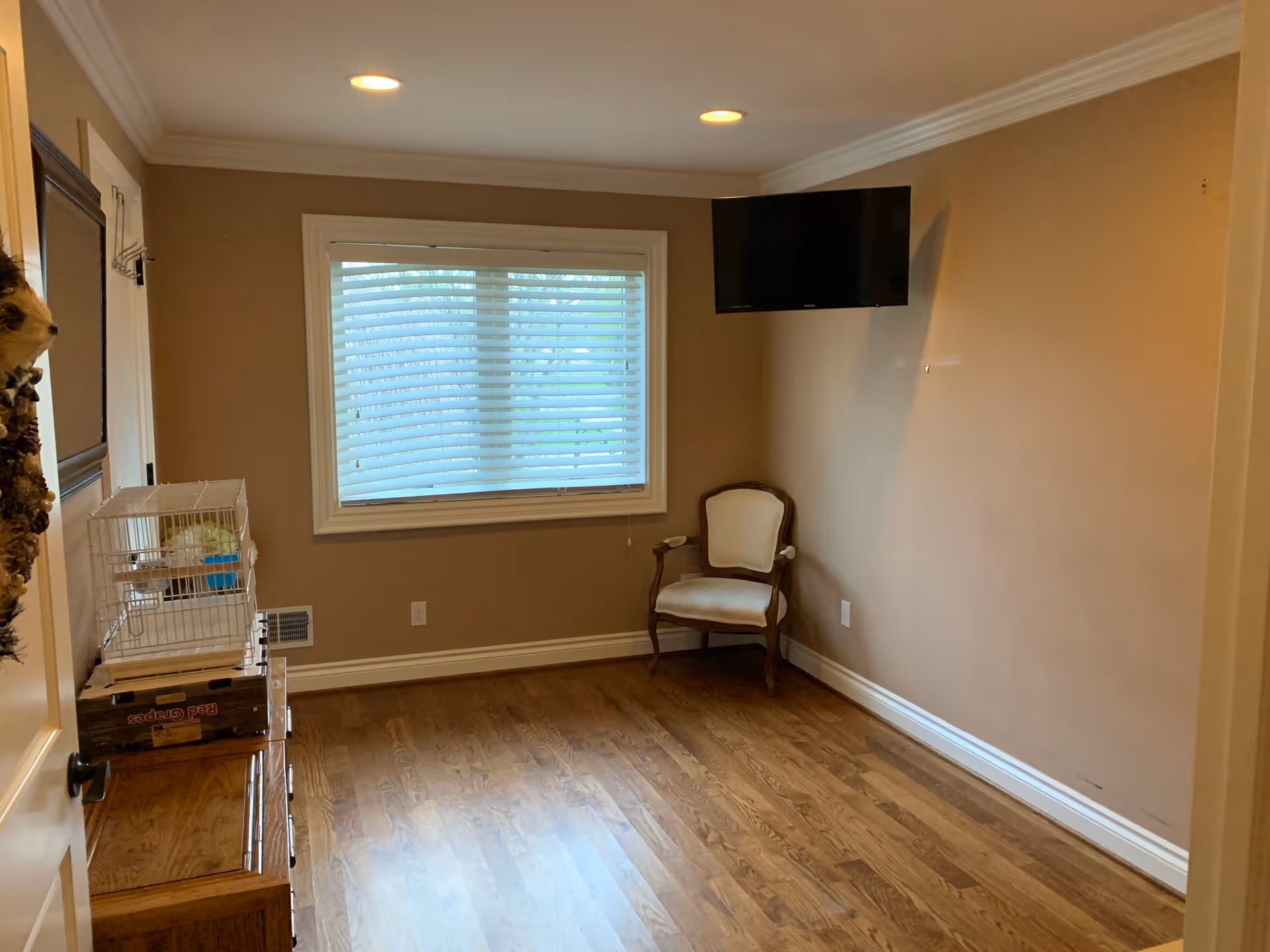 Small empty living room with hardwood floors, a window with blinds, a wall-mounted TV, an upholstered armchair, and a small pet cage on a dresser.