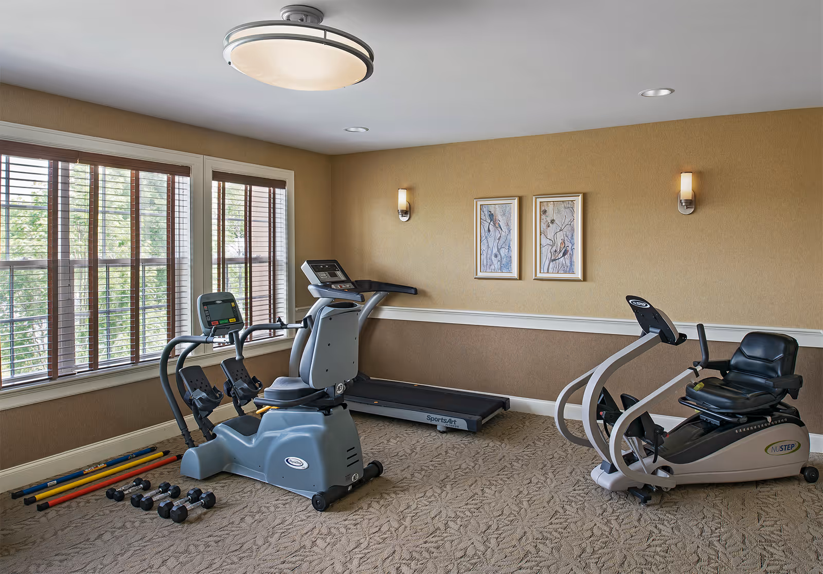 A small fitness room with exercise equipment including a recumbent bike, a treadmill, and a seated elliptical machine. There are several dumbbells and colorful exercise sticks on the carpeted floor near a window with wooden blinds. The walls are beige with two framed artworks and two wall sconces providing light.