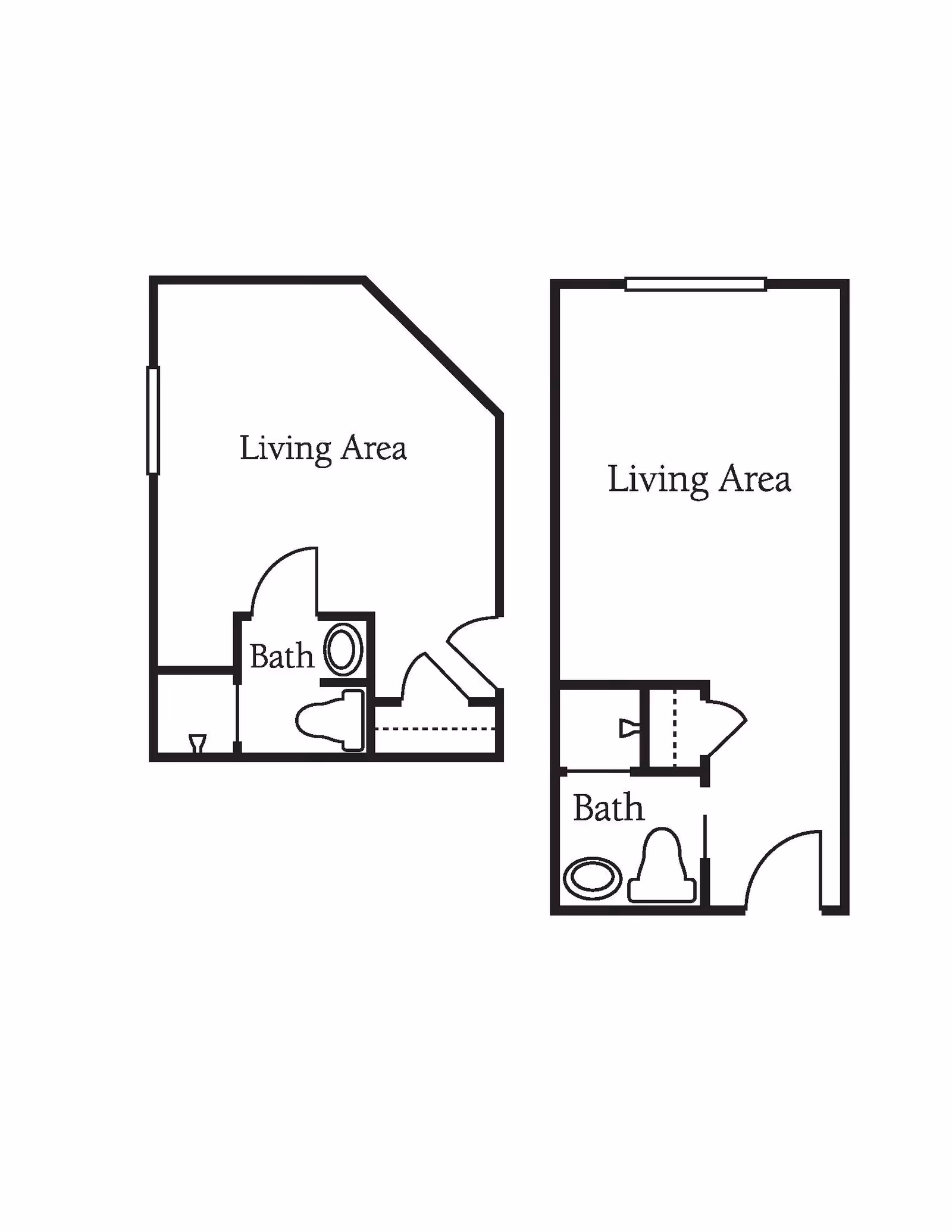 Architectural floor plan showing two layouts each with a living area and a bathroom.
