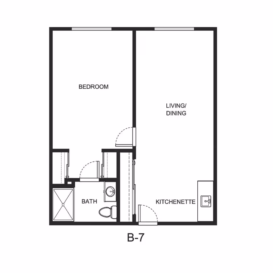 Floor plan layout of a senior living unit labeled B-7 at Holiday Sky Peaks, showing a bedroom, bath, kitchenette, and combined living/dining area.
