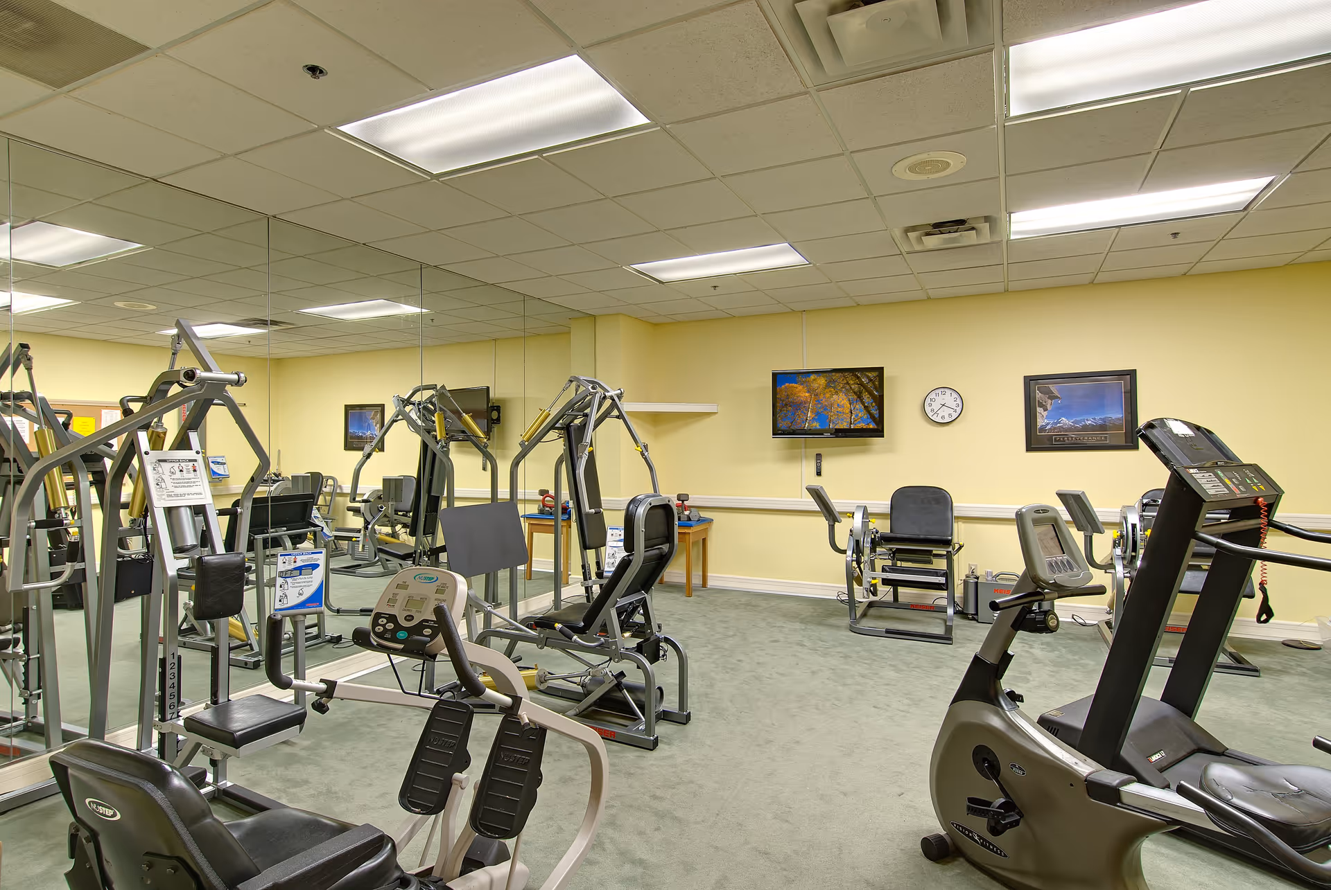Indoor fitness room with various exercise equipment including stationary bikes, weight machines, and a treadmill. The room has yellow walls, a green carpet, a large mirror on one wall, a wall-mounted TV, a clock, and framed pictures.