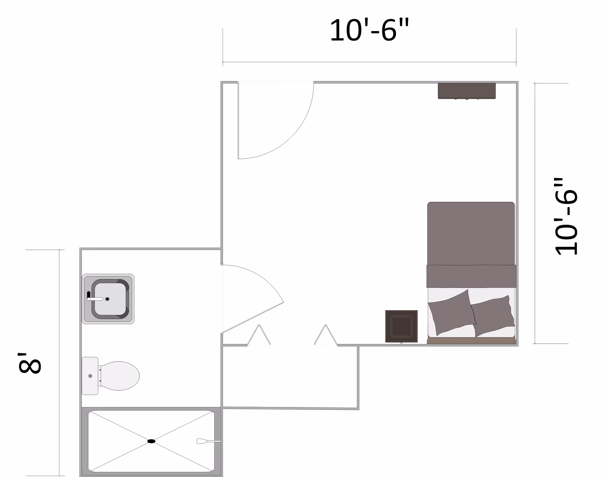 Top-down floor plan of a small apartment showing a main room with a bed and bedside table and an attached bathroom with sink, toilet, and shower, with dimensions labeled.