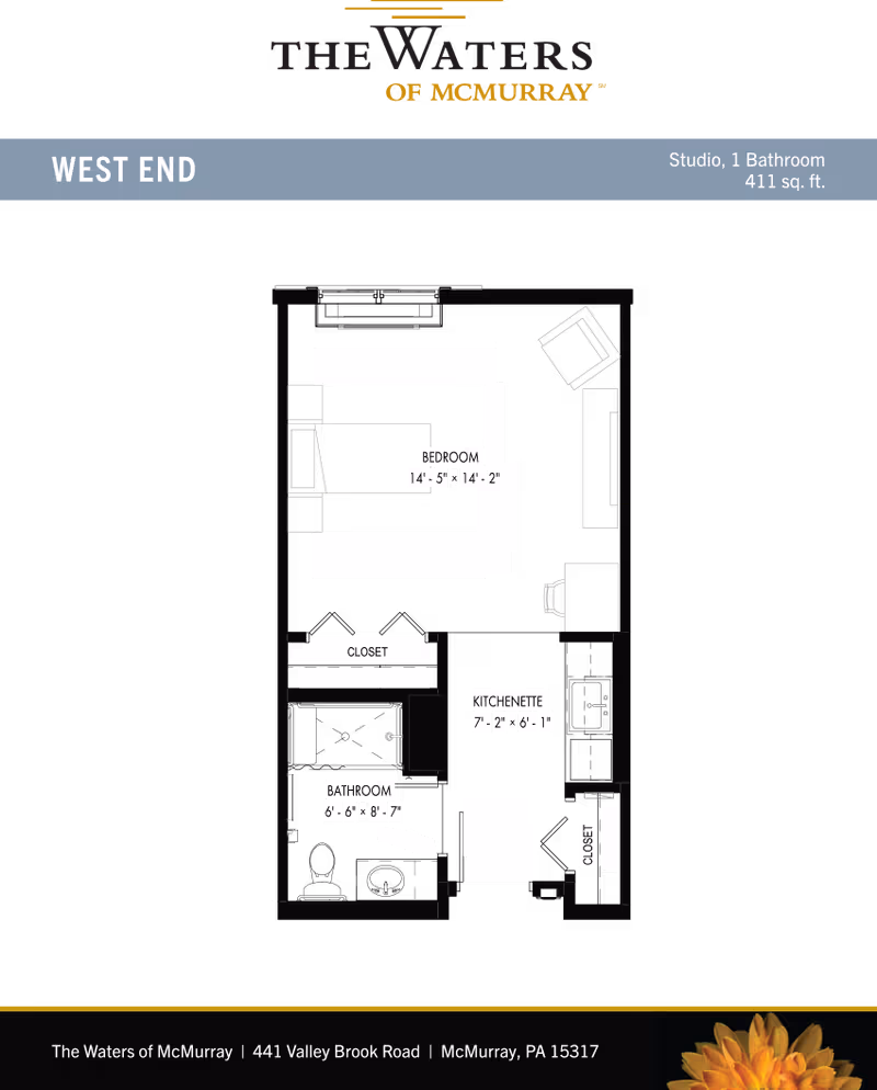 Floor plan layout of a studio apartment named West End at The Waters of McMurray, showing a bedroom area, kitchenette, bathroom, and closets with dimensions.