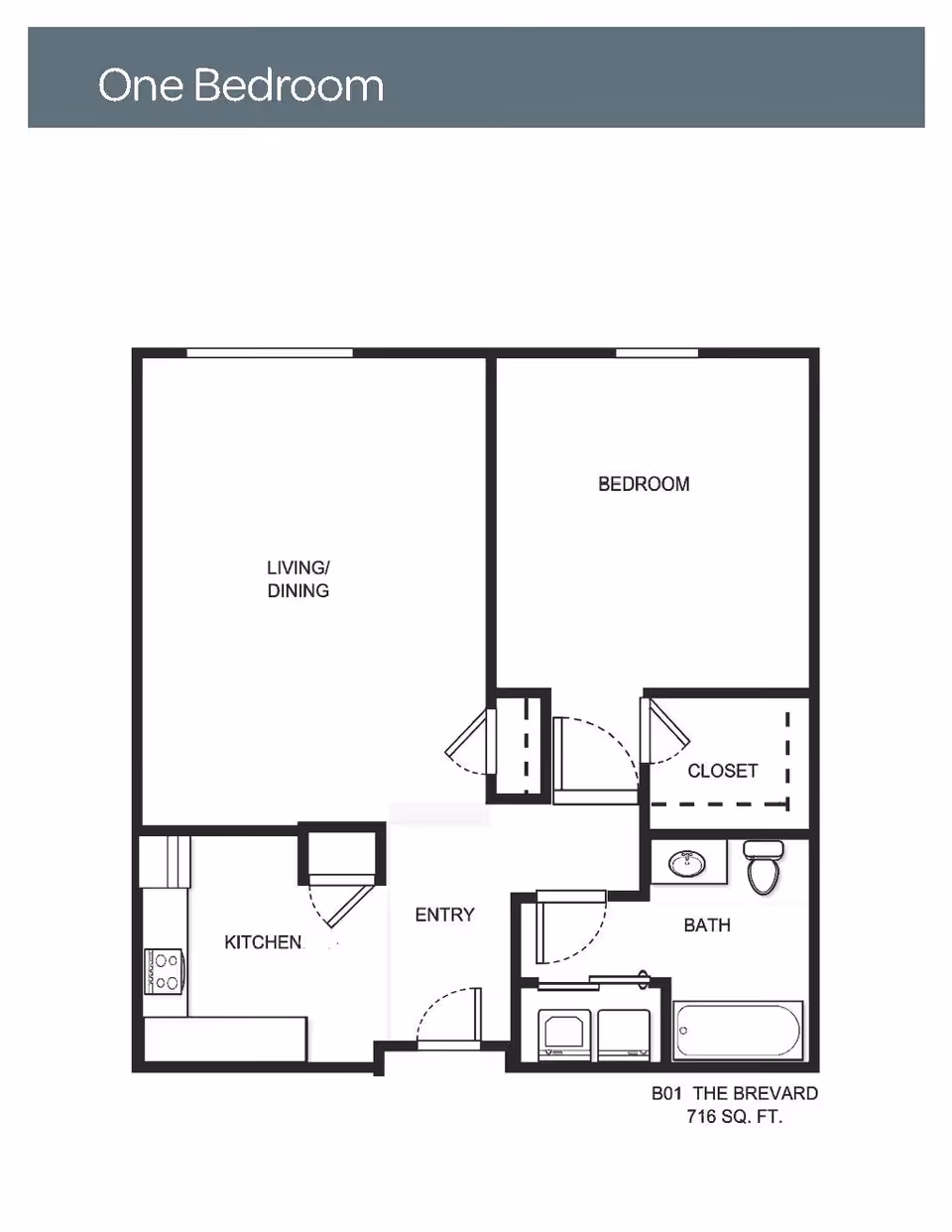 Floor plan layout of a one-bedroom apartment named B01 The Brevard, 716 square feet, showing a bedroom with closet, bathroom with bathtub, toilet and sink, kitchen, living/dining area, and entryway.