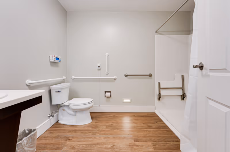 A clean, accessible bathroom with a white toilet, grab bars on the walls, a shower area with a fold-down seat, a white countertop with a sink, and wood-look flooring.
