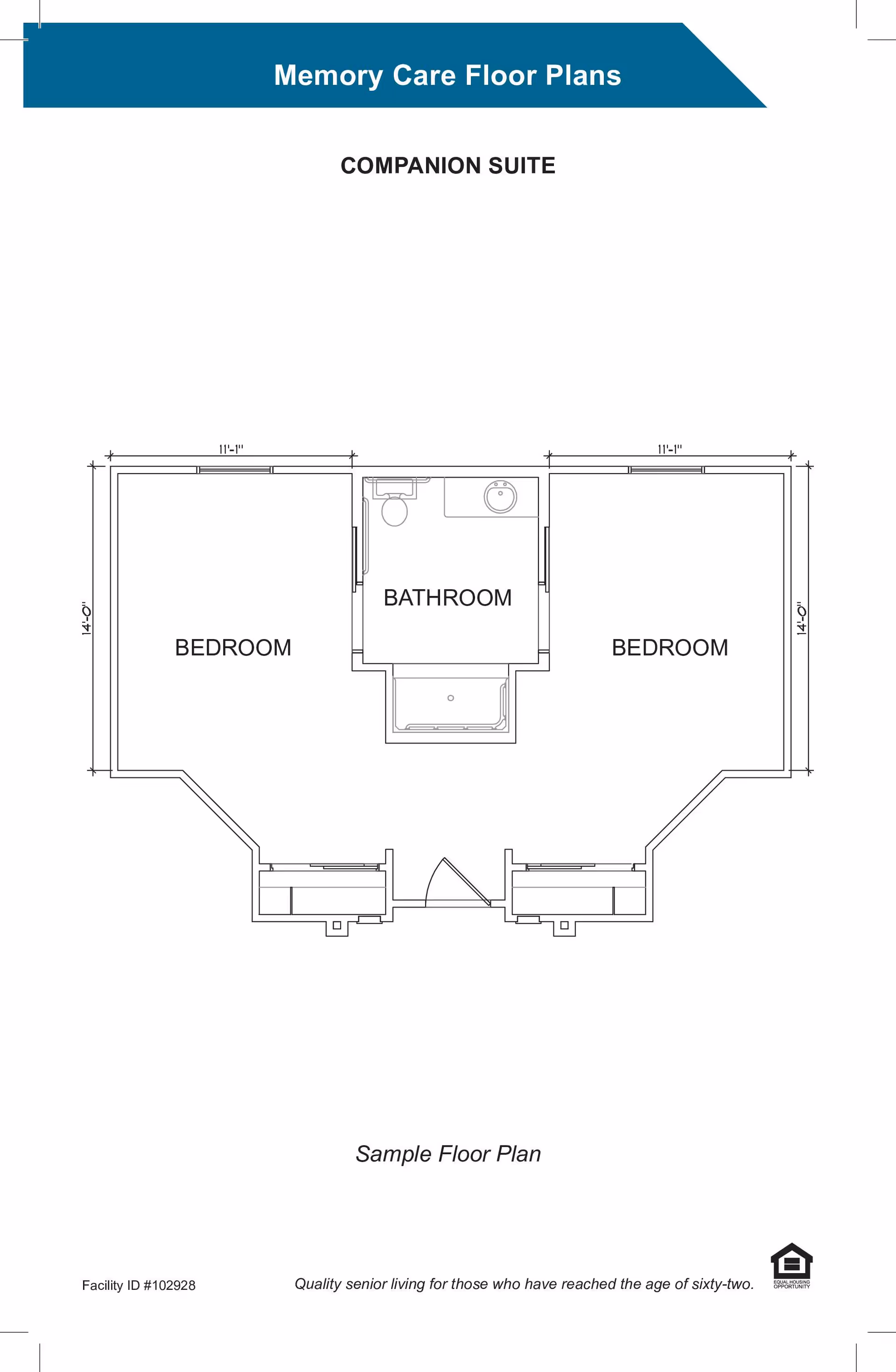 Black-and-white floor plan titled 'Memory Care Floor Plans' showing a companion suite with two bedrooms and a central bathroom.