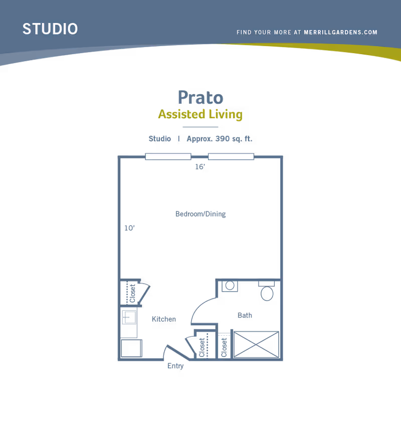 Studio floor plan titled 'Prato Assisted Living' showing a studio layout with labeled bedroom/dining, kitchen, bath, closets, and entry.