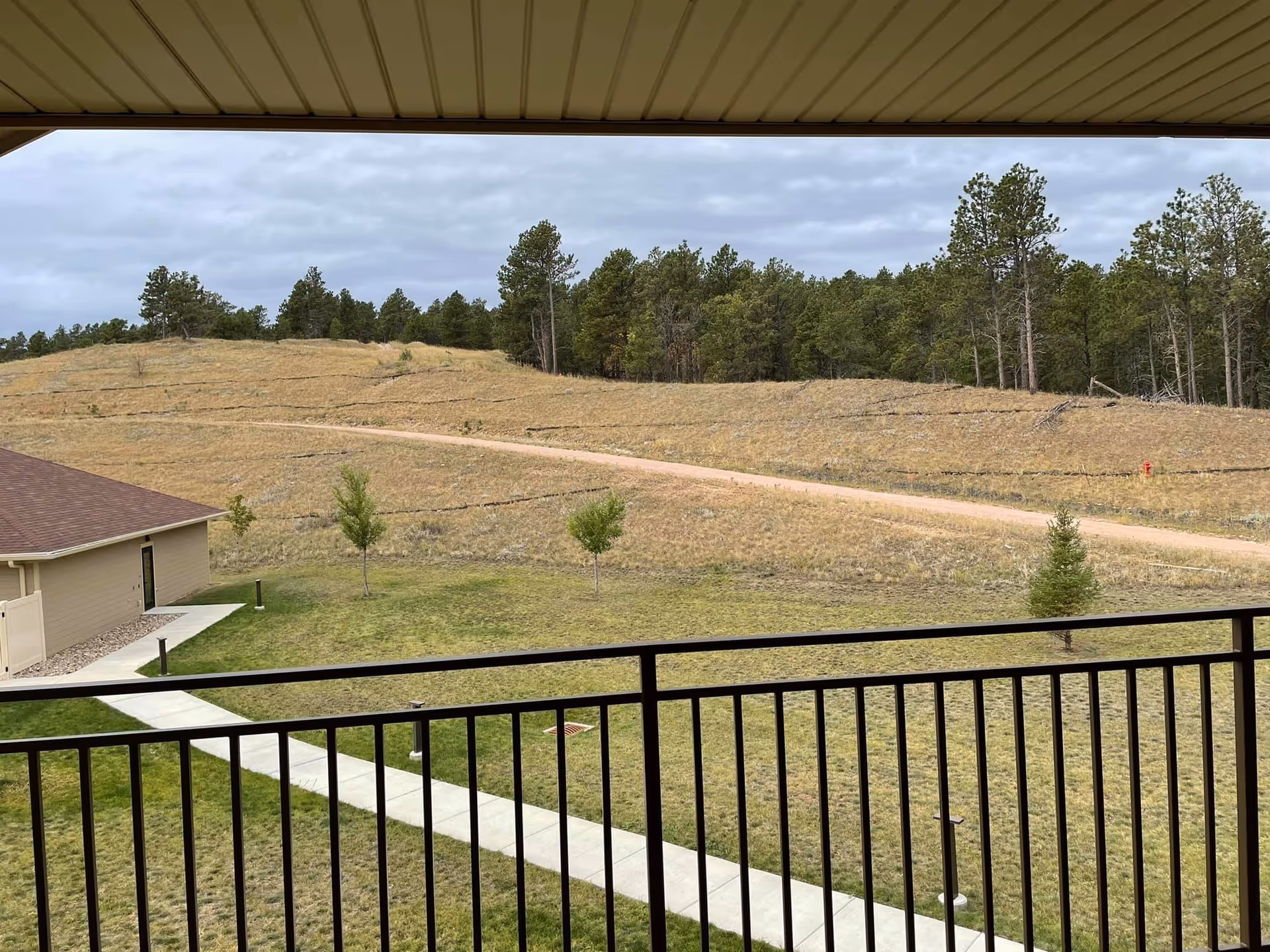 View from a covered balcony with black metal railing overlooking a grassy area with a concrete walkway, a small building with a brown roof, a dirt path on a hill, and a forest of pine trees under a cloudy sky.