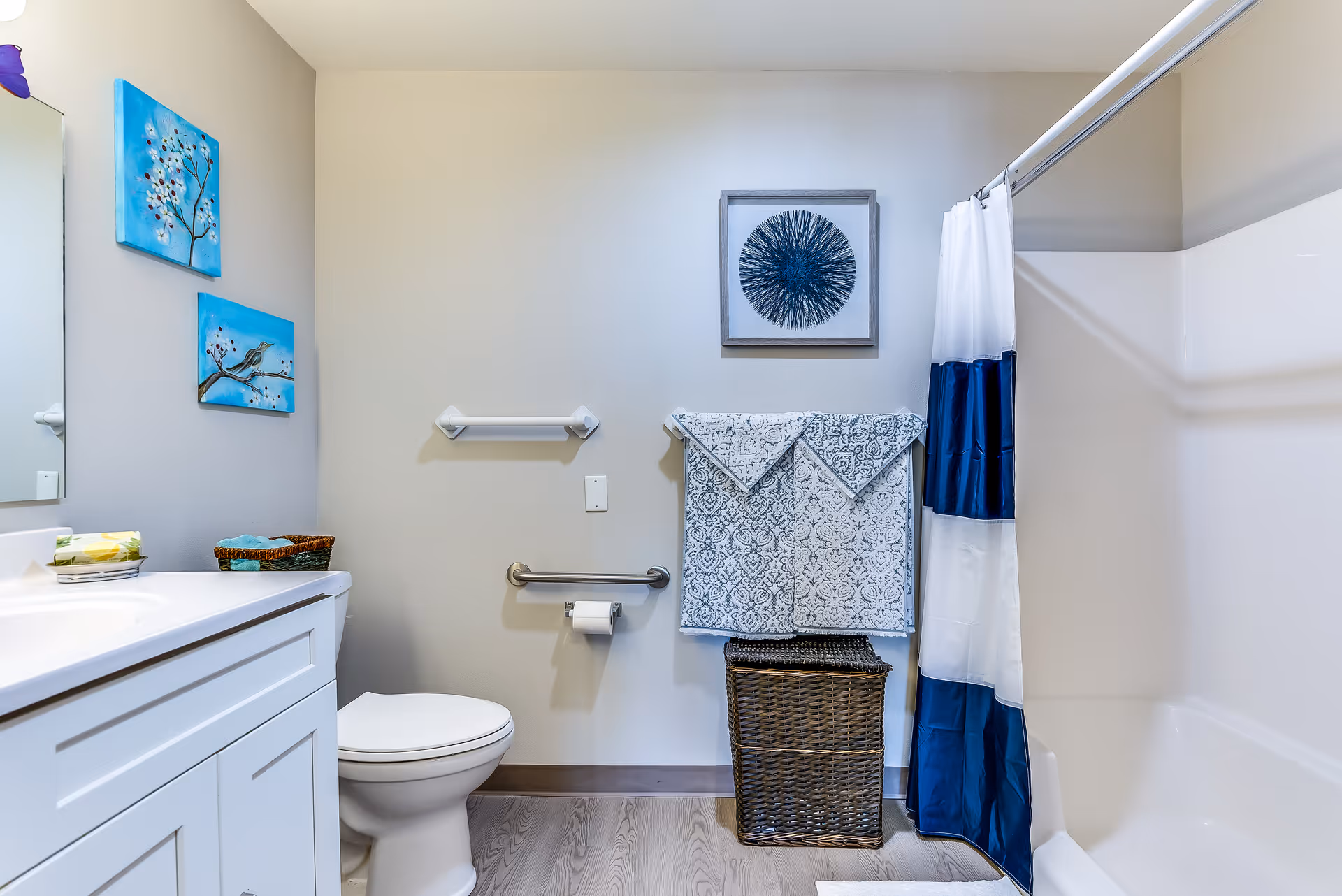 Bright accessible bathroom with white vanity and toilet, grab bars, patterned towels over a wicker hamper, and a blue-and-white shower curtain.