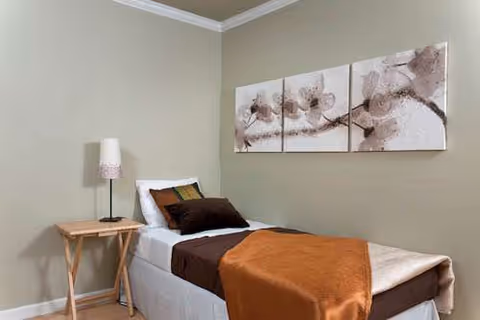 A single bed with an orange-brown blanket, lamp on a nightstand, and wall art.