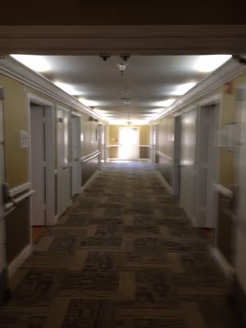 Long, well-lit interior hallway with doors on both sides and patterned carpet leading to a bright window at the end.