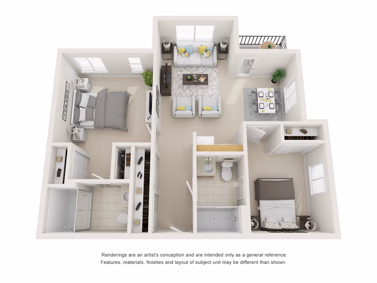 3D rendered two-bedroom, two-bathroom apartment floor plan with a living room, dining area and balcony.