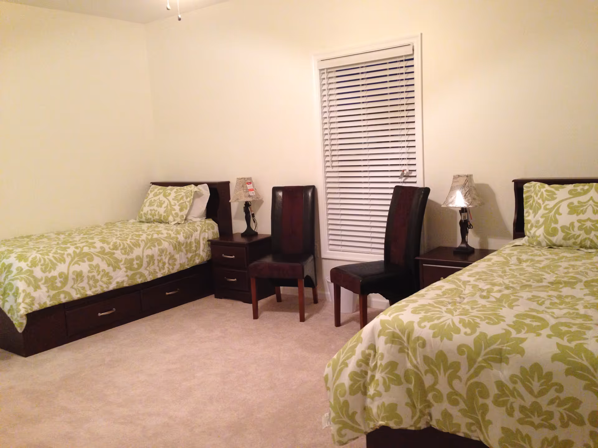 A tidy bedroom with two twin beds in green patterned bedding, a window with blinds between two chairs and nightstands with lamps.