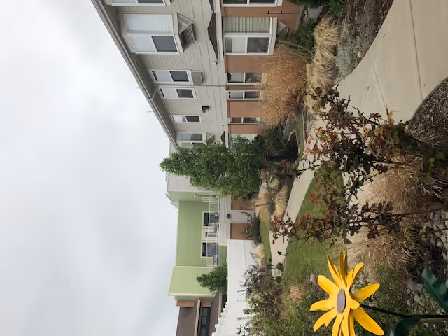 Exterior of a multi-story senior living building with a landscaped walkway and a yellow decorative flower sculpture.