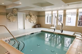 Indoor swimming pool area with a pool lift chair, metal handrails, and decorative wall art featuring large flower designs. The room has large windows allowing natural light and a door leading to another area.