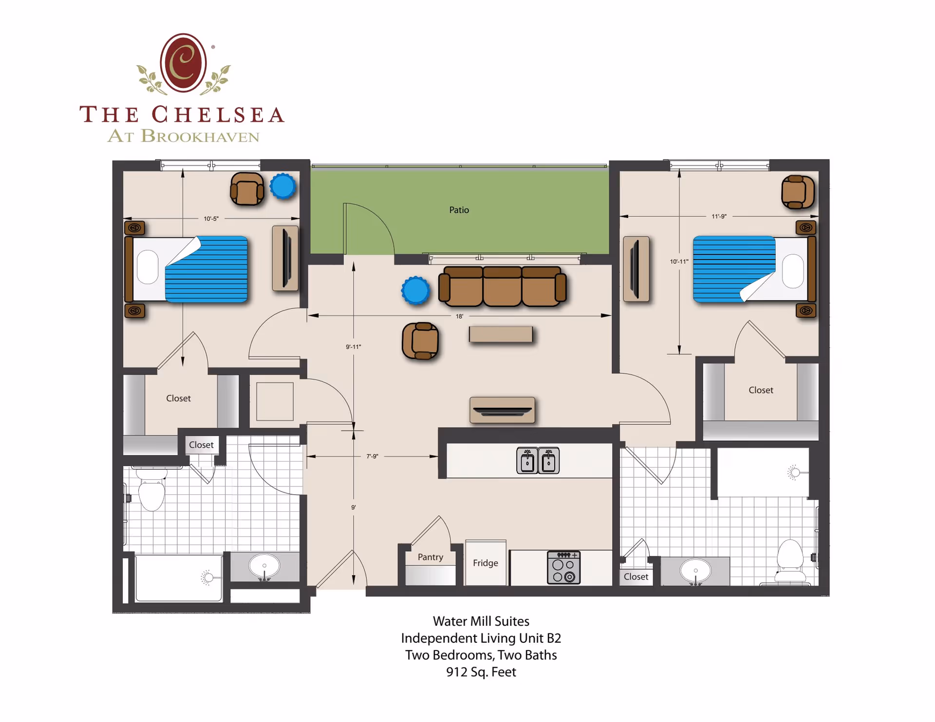 Floor plan of The Chelsea at Brookhaven Water Mill Suites Independent Living Unit B2 showing two bedrooms, two bathrooms, a kitchen, living room, closets, pantry, and a patio. The unit measures 912 square feet.