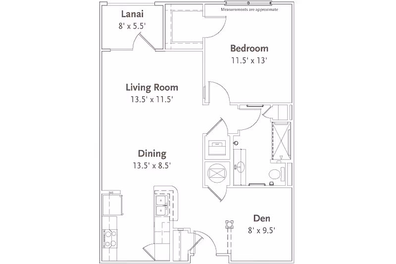 Floor plan of a living space at Sandalwood Village showing a lanai, living room, dining area, bedroom, den, kitchen, and bathroom with approximate measurements for each room.