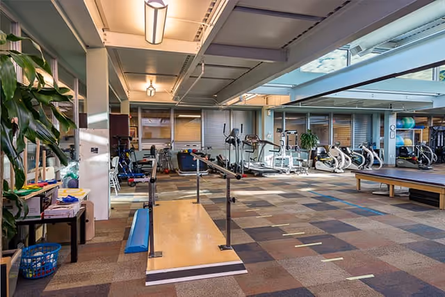 Interior view of a rehabilitation gym with exercise equipment including stationary bikes, elliptical machines, parallel bars for walking practice, and a raised platform. The room has a patterned carpet floor, large windows, and overhead lighting. There are plants and various exercise accessories visible.