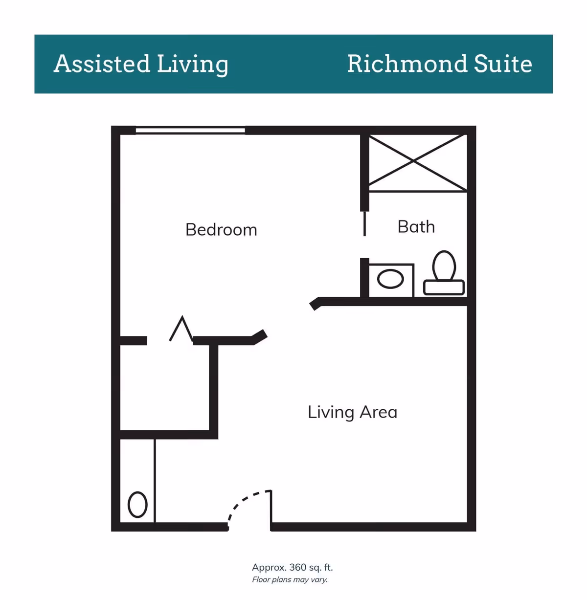 Floor plan layout of the Richmond Suite at Timberdale Trace Assisted Living, showing a bedroom, bath, and living area with approximate size of 360 square feet.