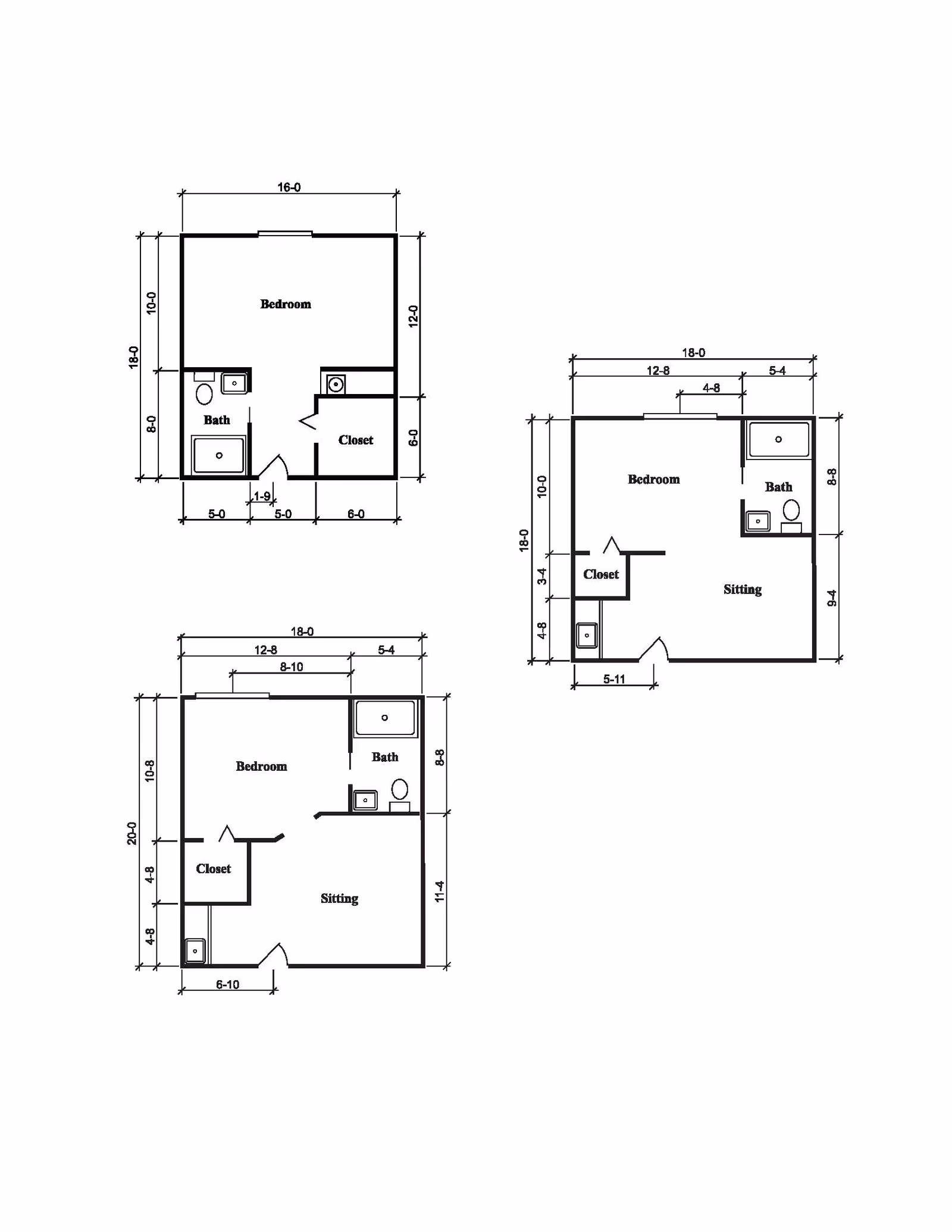 Architectural floor plans showing three different layouts of rooms labeled as Bedroom, Bath, Closet, and Sitting areas with dimensions marked in feet and inches.