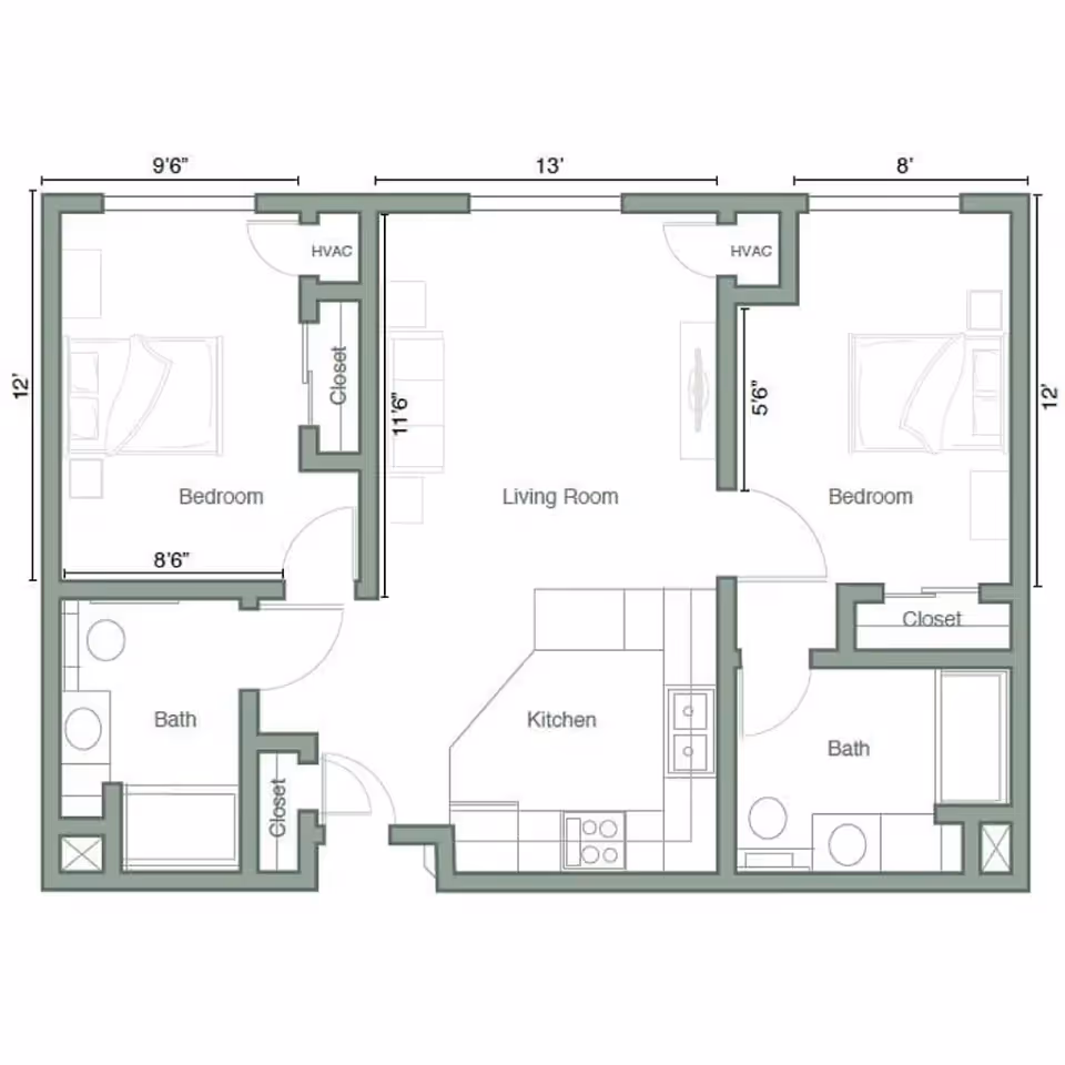 Floor plan of a two-bedroom apartment showing a central living room, kitchen, two bedrooms and two bathrooms with labeled dimensions.